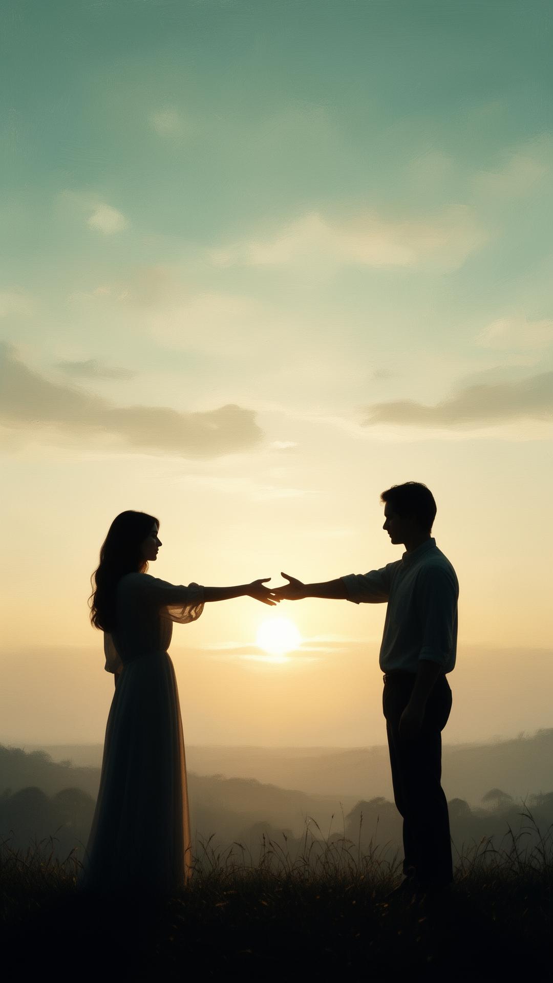 A couple silhouetted at sunrise, reaching toward each other